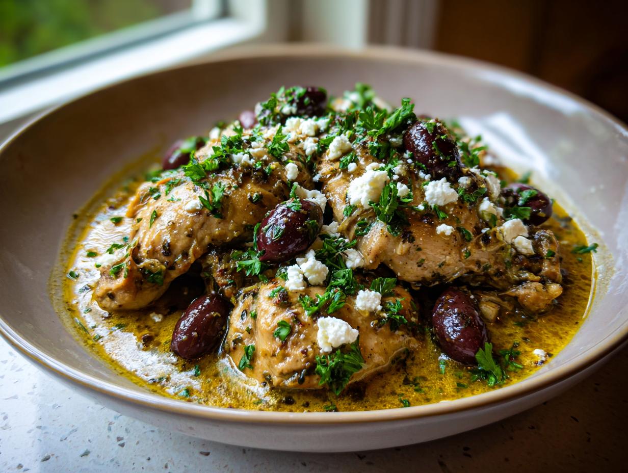 A close-up of Crockpot Greek chicken served in a bowl, topped with Kalamata olives, crumbled feta cheese, and fresh parsley.