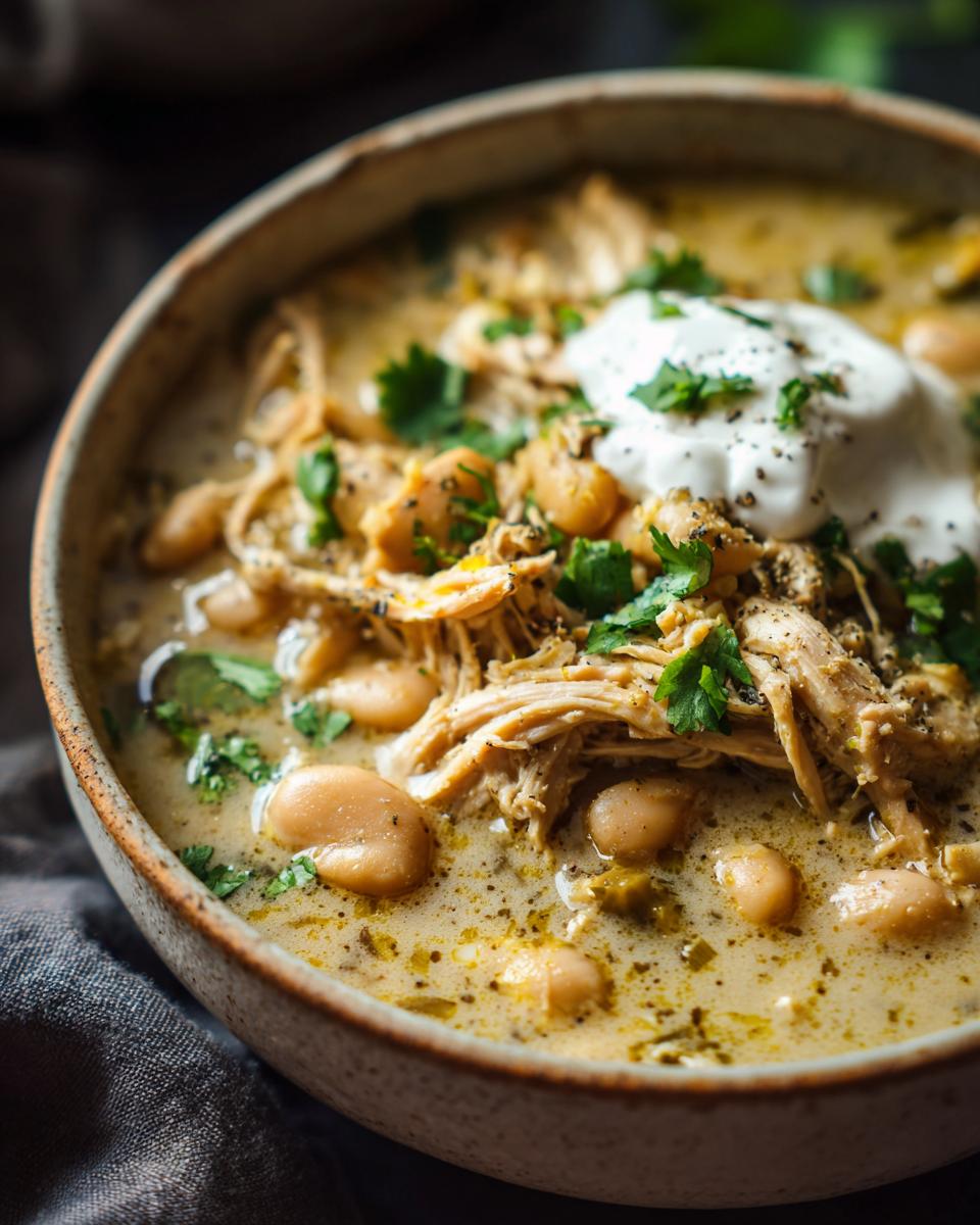 A close-up of a bowl of crockpot white chicken chili topped with sour cream and cilantro.