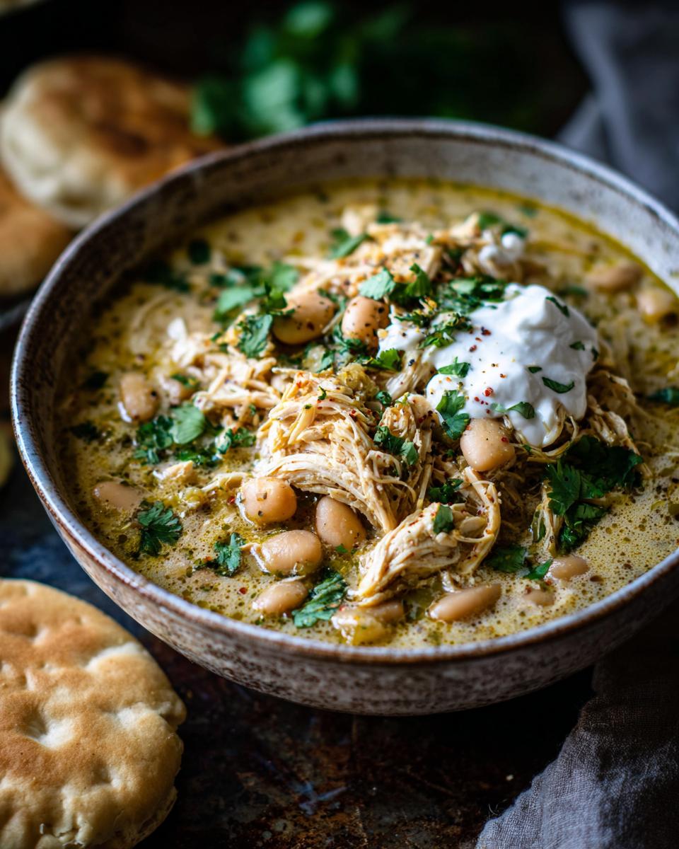 A hearty bowl of crockpot white chicken chili topped with shredded chicken, white beans, cilantro, and sour cream.