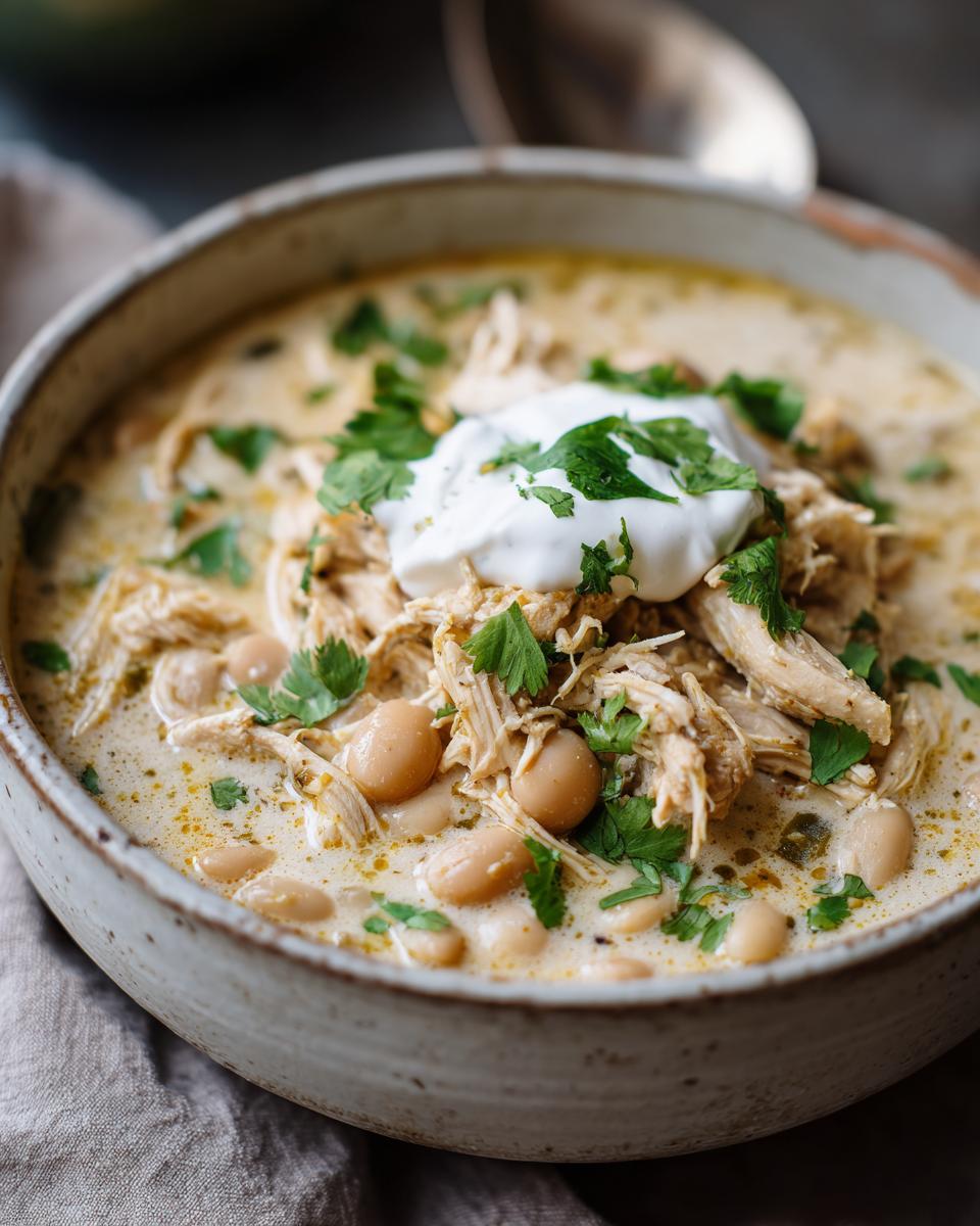 A close-up of a bowl of creamy crockpot white chicken chili, topped with sour cream and fresh cilantro.