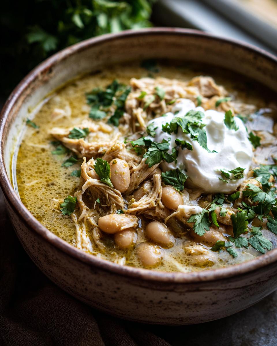 A comforting bowl of crockpot white chicken chili topped with sour cream and fresh cilantro.