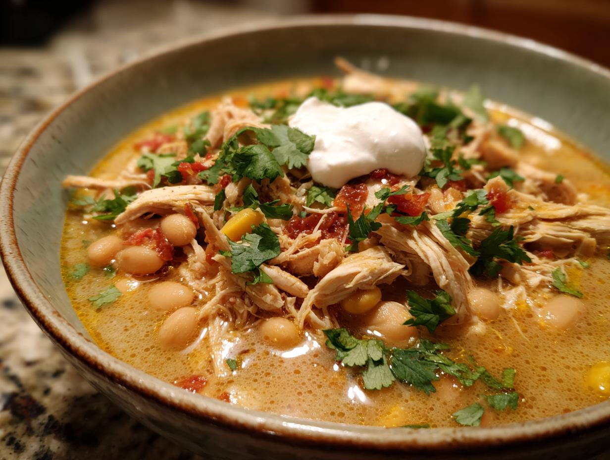 A close-up of a bowl of crockpot white chicken chili, topped with sour cream, cilantro, and diced tomatoes.