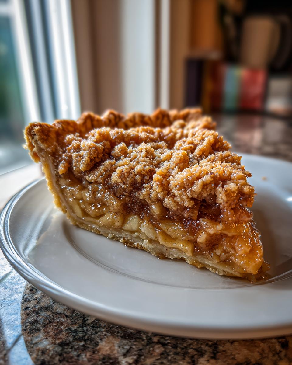 A close-up of a slice of Dutch apple pie on a white plate, featuring a crumbly topping and tender apple filling.