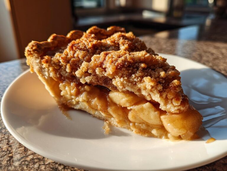 A close-up of a slice of Dutch apple pie with a crumb topping and visible apple filling.