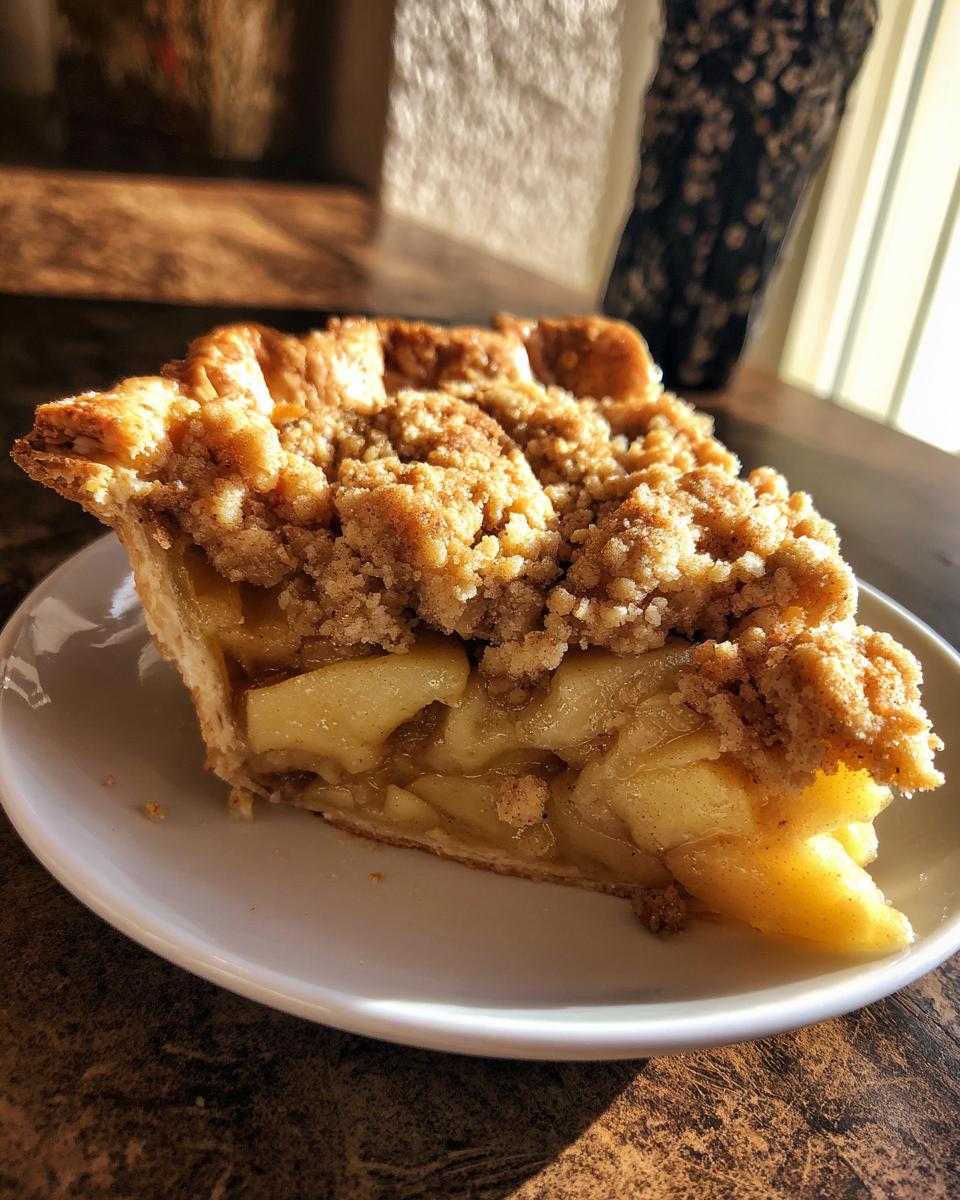 A close-up of a slice of Dutch apple pie with a golden crumb topping and tender apple filling.