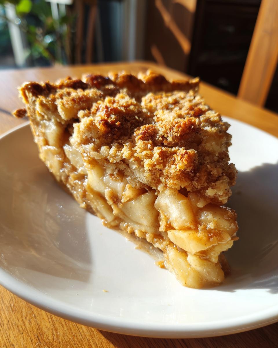A close-up of a slice of Dutch apple pie with a crumb topping and tender apple filling.