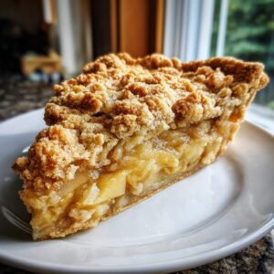 A close-up of a slice of Dutch apple pie with a crumb topping and tender apple filling.