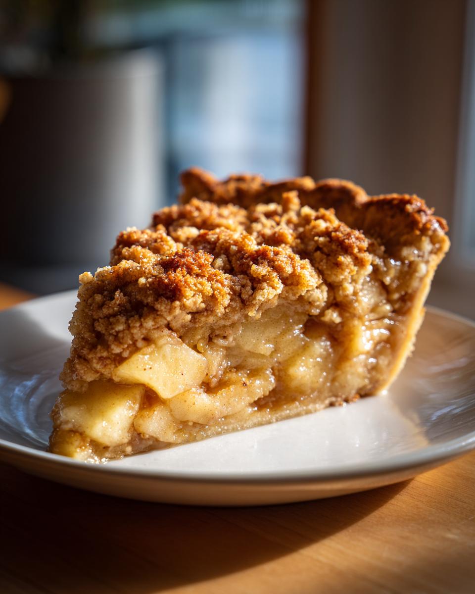 A close-up of a generous slice of Dutch apple pie, showing tender apple filling and a crumbly streusel topping.