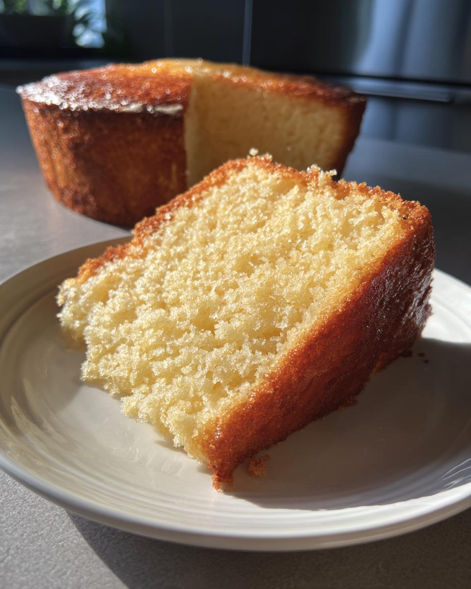 A close-up of a slice of moist easy vanilla cake on a white plate, with the rest of the cake in the background.