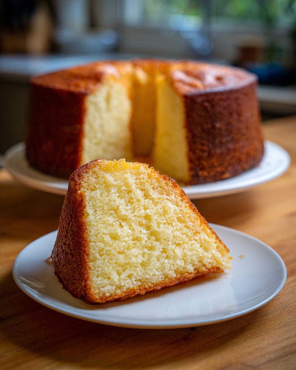 A slice of moist and fluffy easy vanilla cake on a white plate, with the rest of the cake in the background.