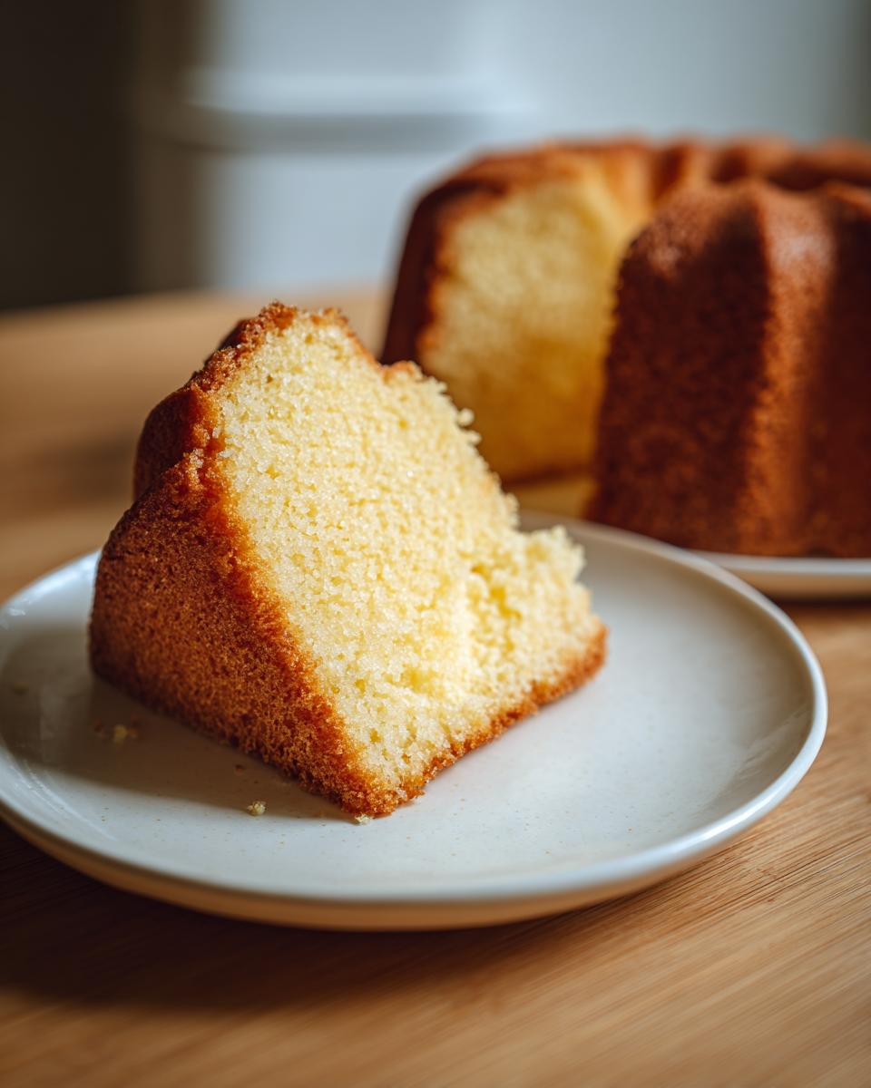 A close-up of a moist slice of easy vanilla cake on a white plate, with the rest of the cake in the background.