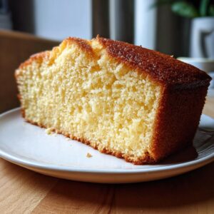 A close-up of a moist slice of easy vanilla cake on a white plate, showcasing its golden-brown crust and fluffy interior.
