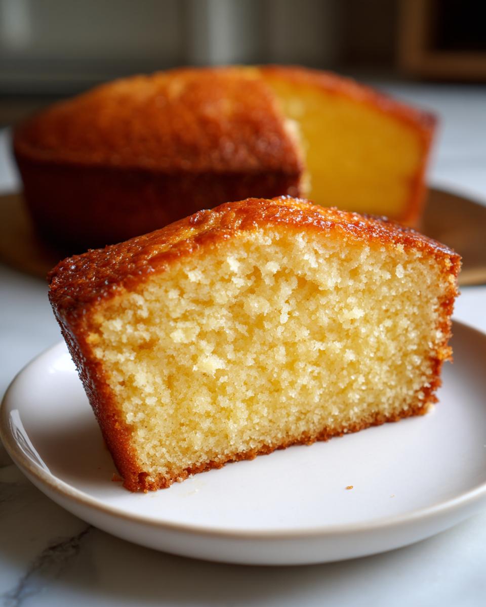 A close-up of a moist slice of easy vanilla cake on a white plate, with the rest of the cake blurred in the background.