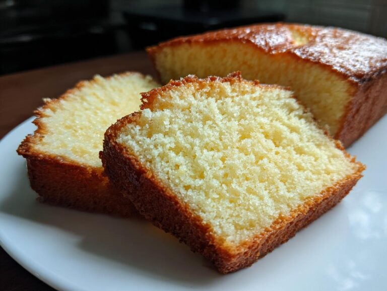 Two slices of moist and fluffy easy vanilla cake on a white plate, with the rest of the loaf in the background.