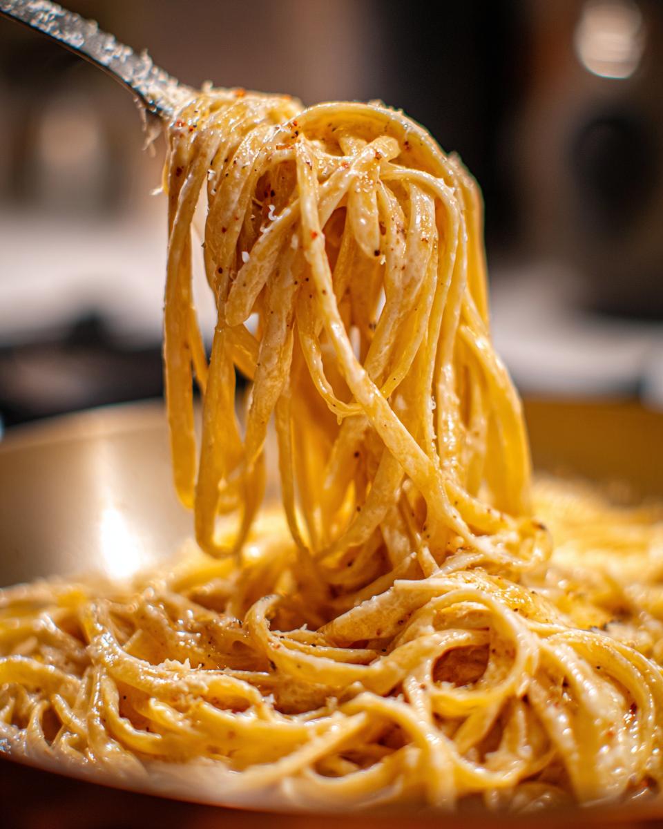Close-up of a fork lifting creamy fettuccine alfredo pasta, seasoned with pepper.
