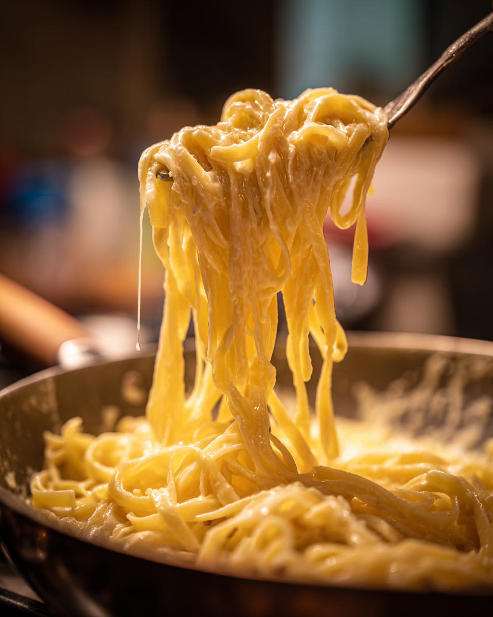 A fork lifts a generous portion of creamy fettuccine alfredo from a pan.
