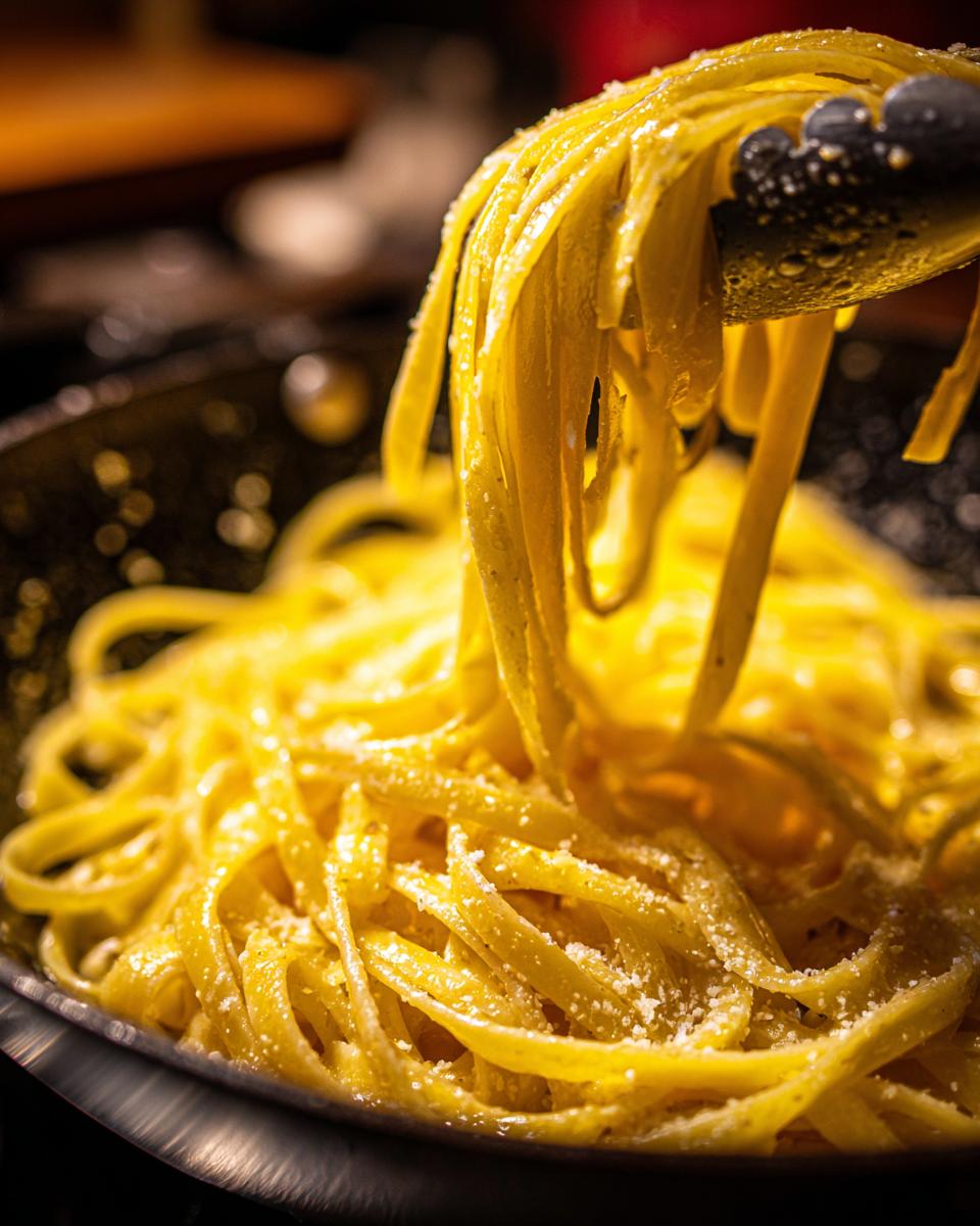 Close-up of fettuccine alfredo being lifted with tongs, coated in creamy sauce and sprinkled with parmesan.