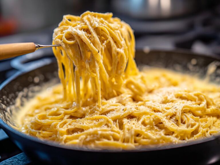 A fork lifting a generous portion of creamy fettuccine alfredo pasta from a pan.
