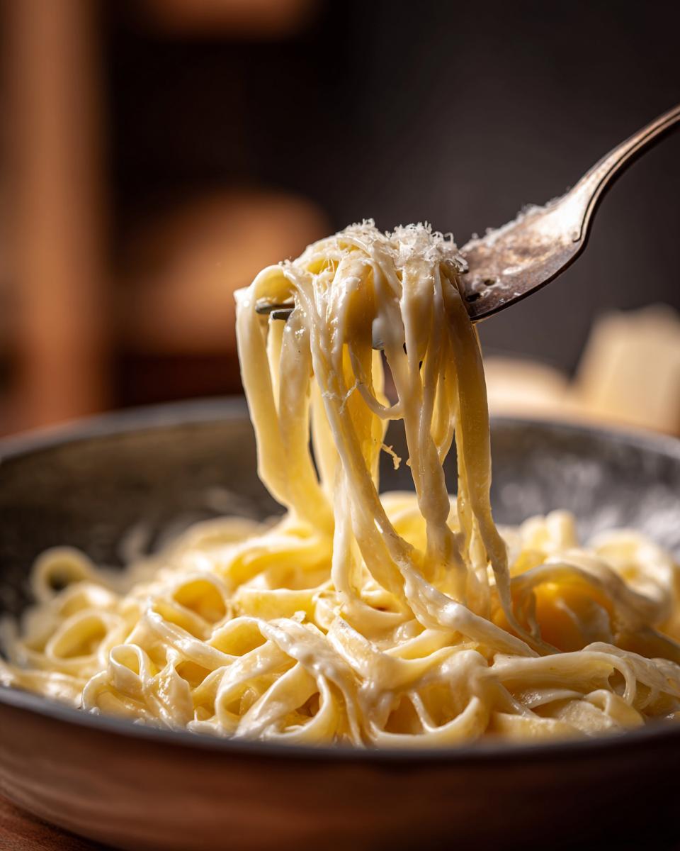 A fork twirls fettuccine alfredo pasta coated in creamy sauce and topped with grated parmesan cheese.