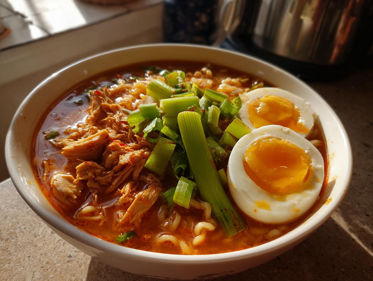 A steaming bowl of fiery chicken ramen topped with shredded chicken, chopped green onions, and a perfectly cooked soft-boiled egg.