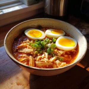 A close-up of a bowl of fiery chicken ramen topped with sliced soft-boiled eggs and green onions.