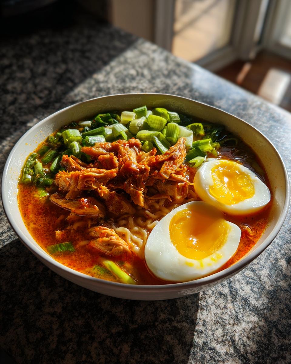 A bowl of fiery chicken ramen topped with shredded chicken, chopped scallions, and two perfectly halved soft-boiled eggs.