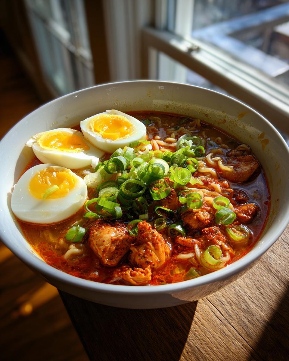 A bowl of fiery chicken ramen topped with sliced soft-boiled eggs and chopped green onions.