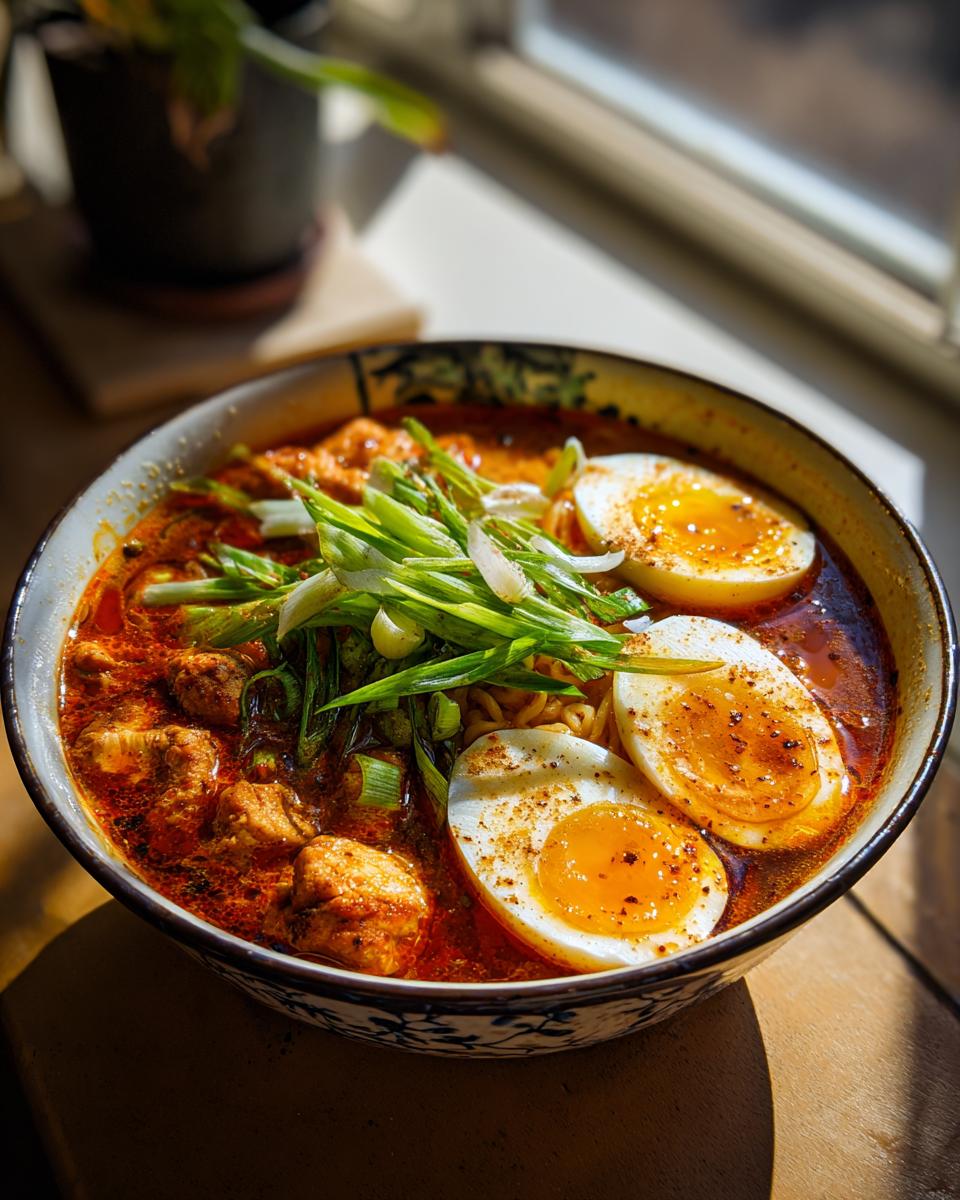 A steaming bowl of fiery chicken ramen, topped with sliced soft-boiled eggs and fresh green onions.