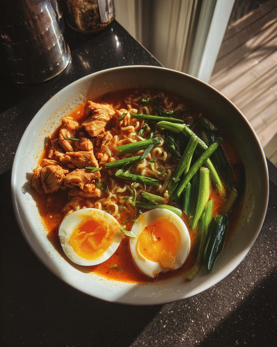 A bowl of fiery chicken ramen featuring tender chicken, noodles, green onions, and a perfectly soft-boiled egg.