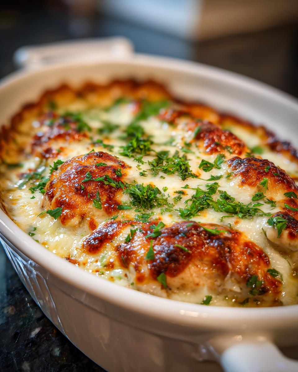 Close-up of a French onion chicken rice bake in a white casserole dish, topped with melted cheese and parsley.