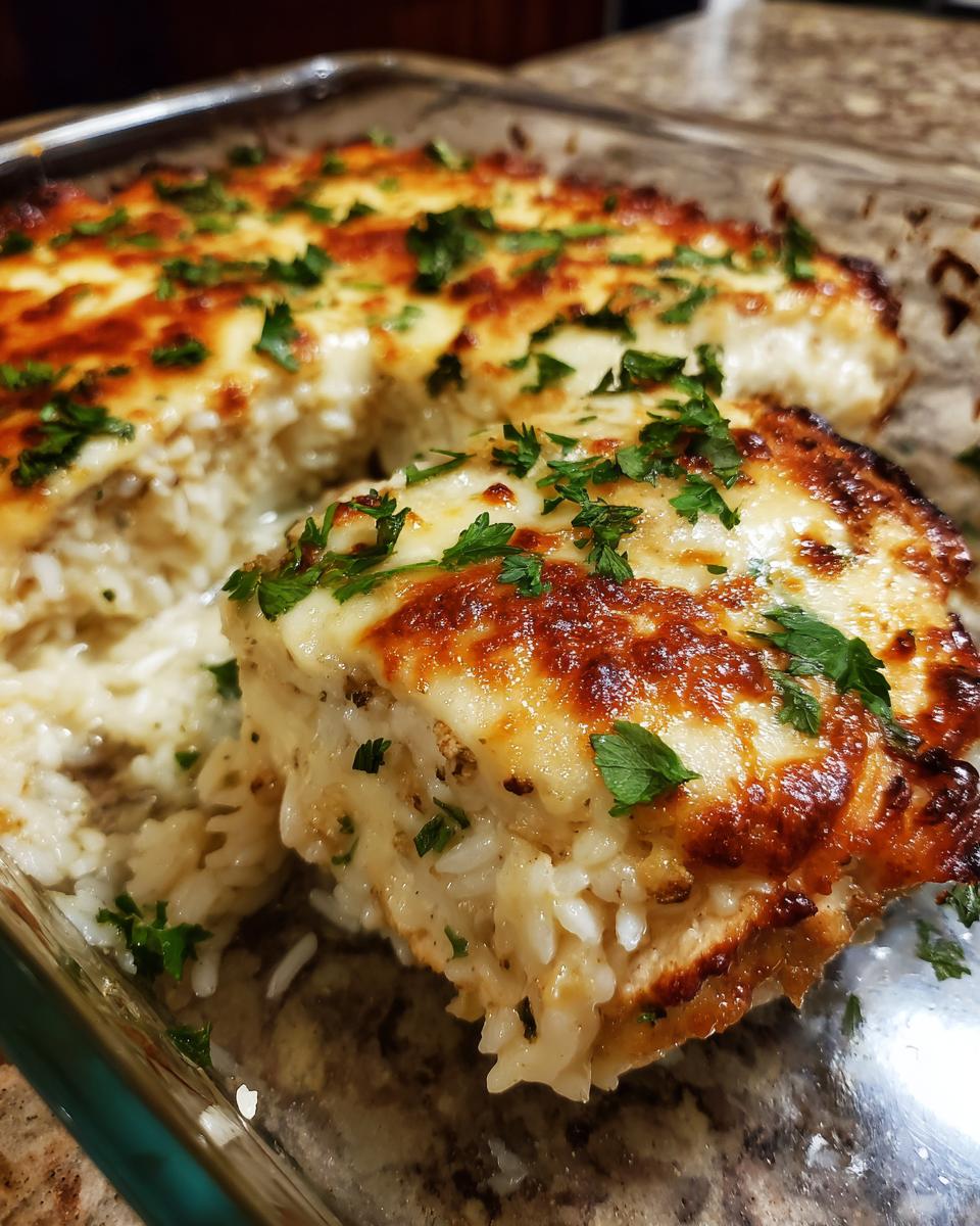 A close-up of a serving of French onion chicken rice bake, topped with golden-brown melted cheese and fresh parsley.