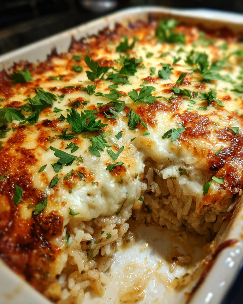A close-up of a French onion chicken rice bake in a casserole dish, topped with melted cheese and parsley.