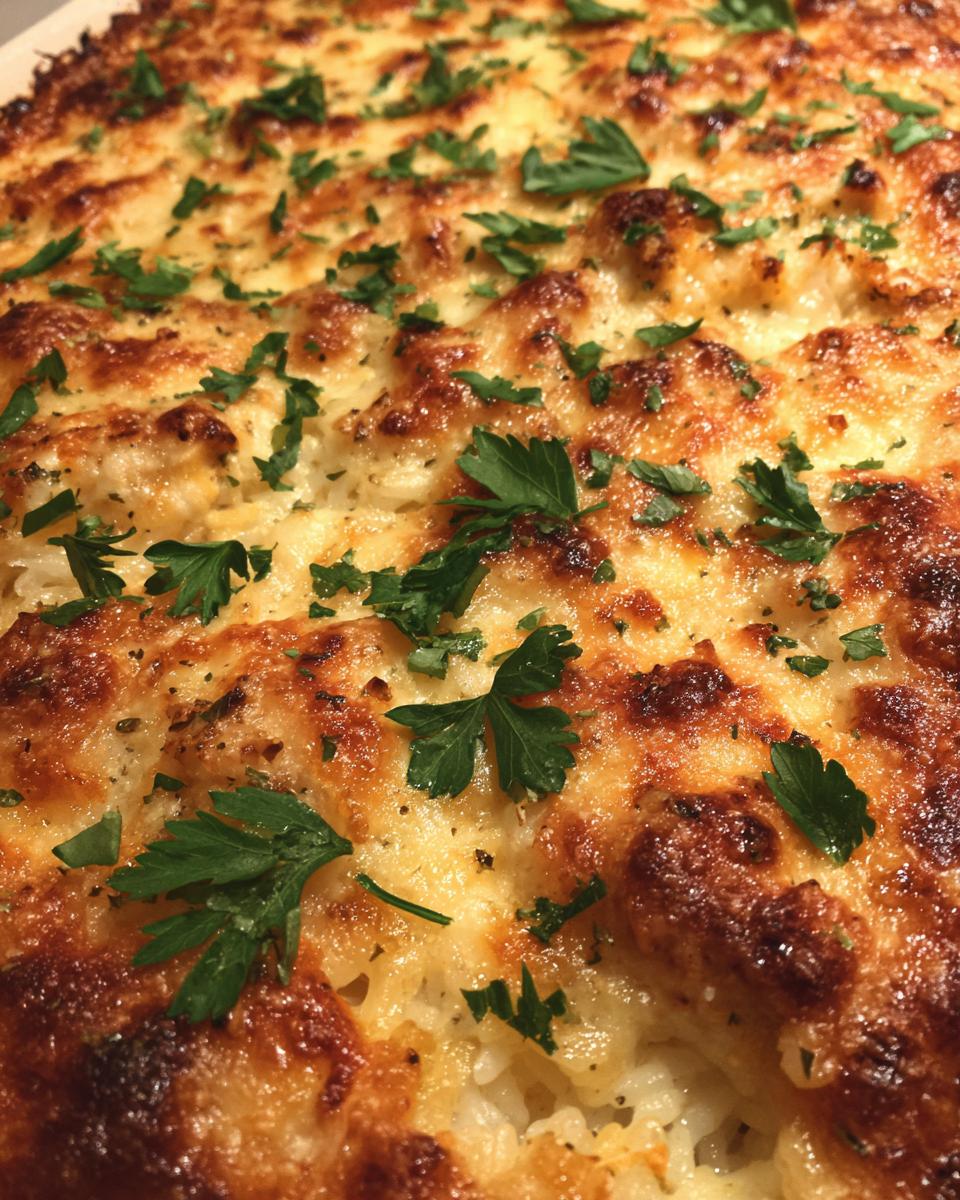 Close-up of a bubbly French onion chicken rice bake, topped with melted cheese and fresh parsley.