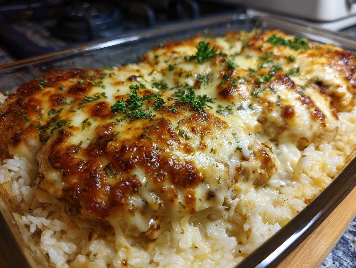 Close-up of a bubbling French onion chicken rice bake with melted cheese and parsley.