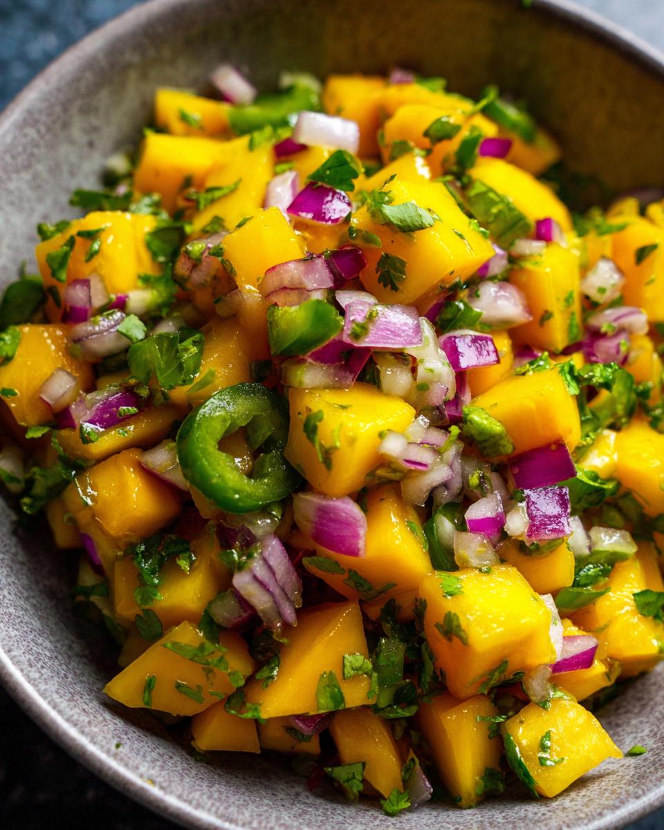Close-up of vibrant mango salsa with diced mango, red onion, jalapeno, and cilantro in a bowl.