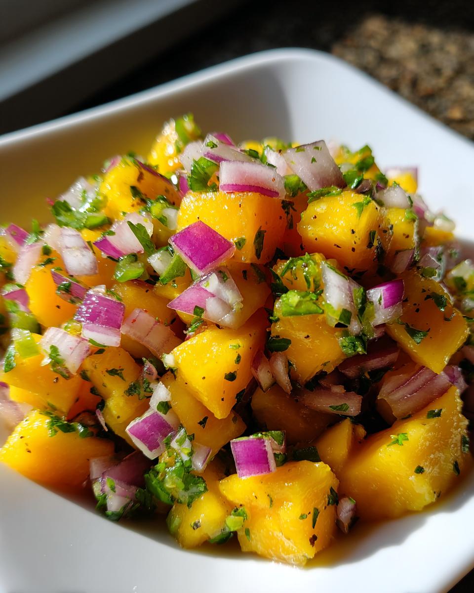 Close-up of vibrant mango salsa with diced mango, red onion, and cilantro.