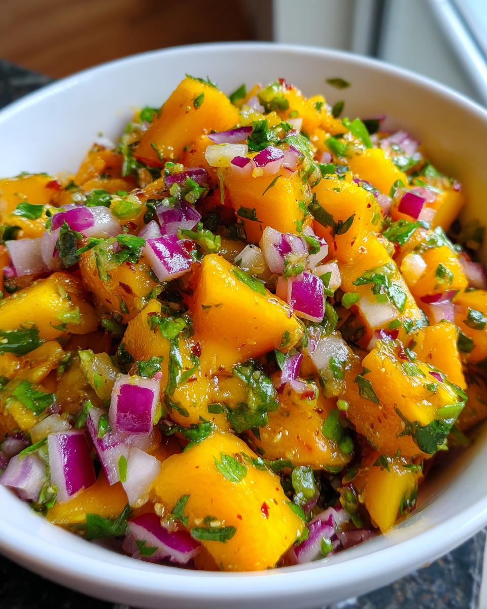 A close-up of vibrant mango salsa, featuring diced mango, red onion, and chopped cilantro in a white bowl.
