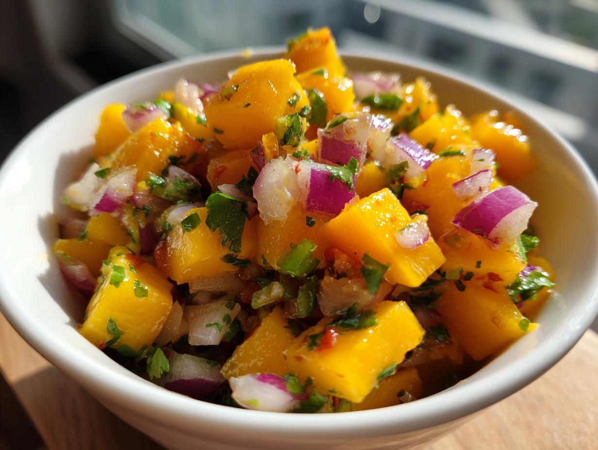 A close-up of vibrant mango salsa in a white bowl, featuring diced mango, red onion, and cilantro.