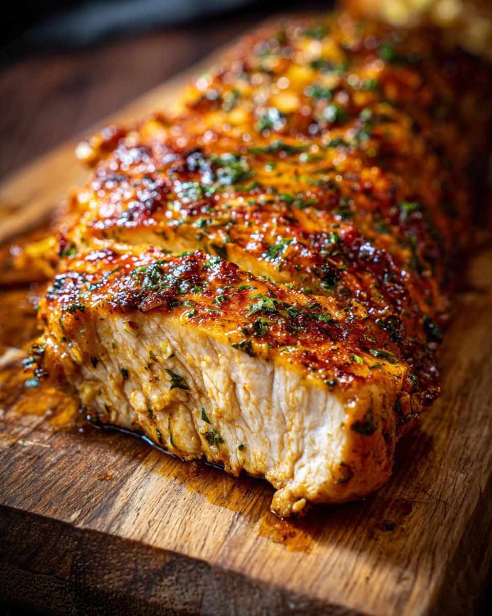 Close-up of a juicy garlic butter baked chicken breast, sliced and served on a wooden cutting board.