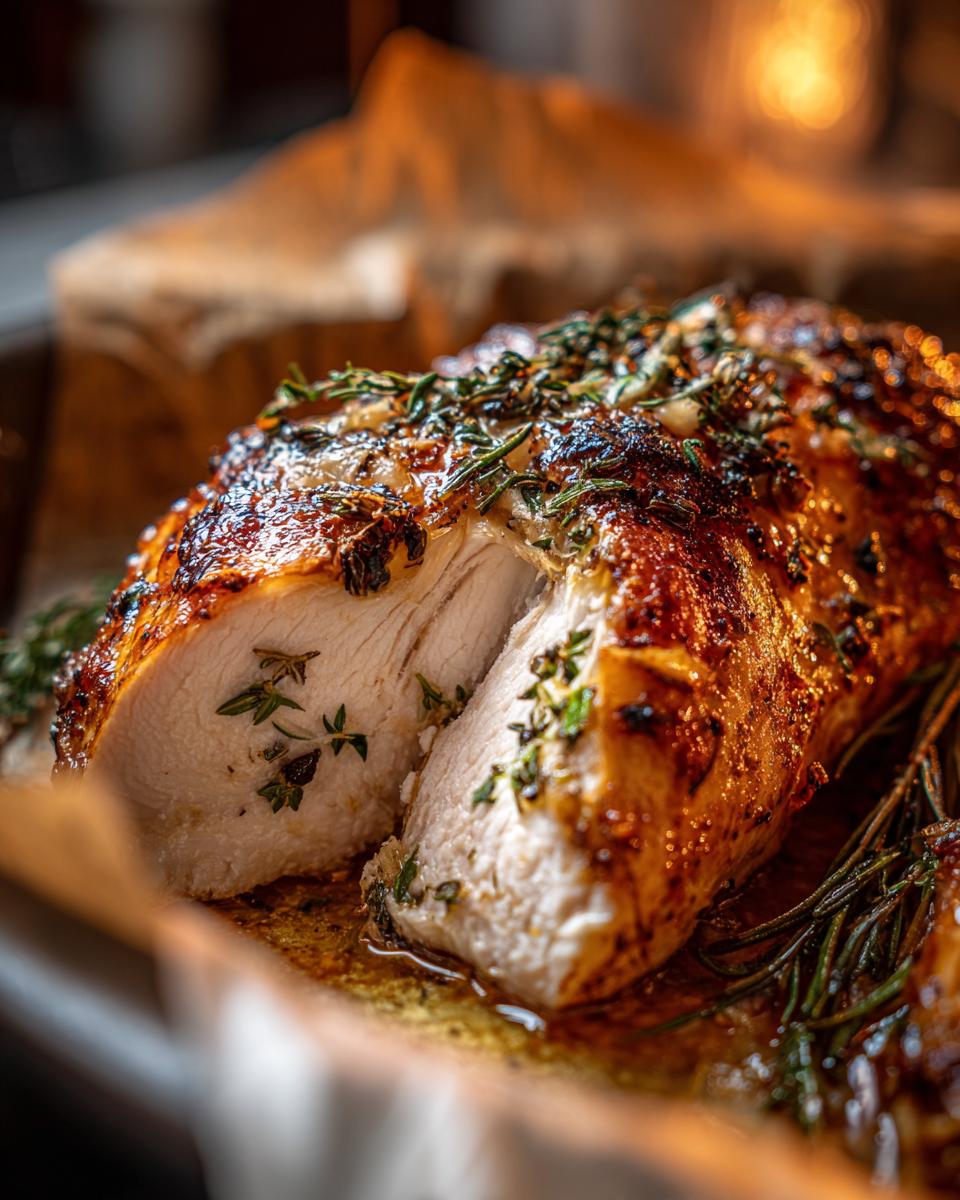A close-up of a juicy garlic butter baked chicken breast, sliced to reveal tender meat and fresh herbs.