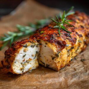 A close-up of a juicy garlic butter baked chicken breast, sliced to reveal tender white meat and herbs, garnished with rosemary.
