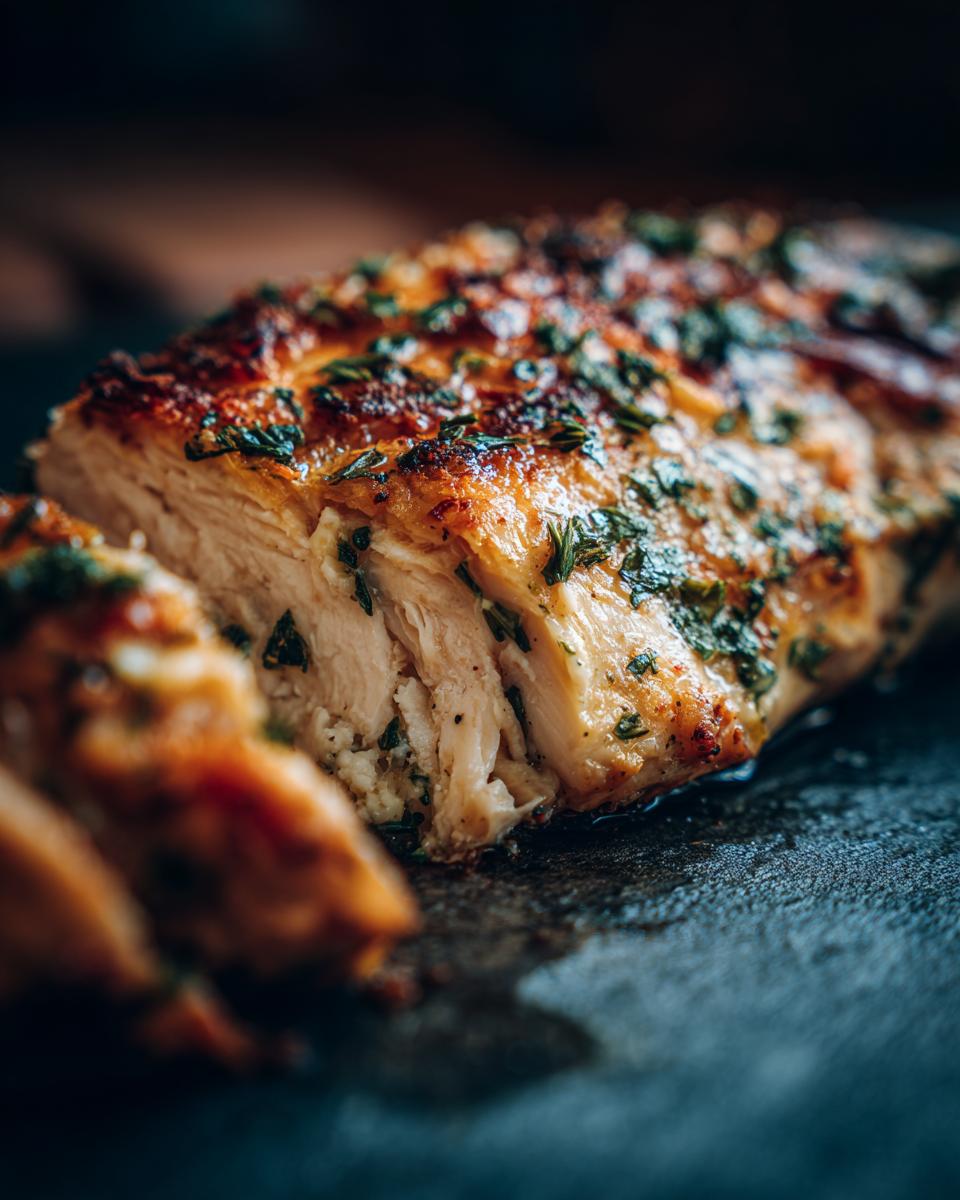 A close-up of a juicy garlic butter baked chicken breast, sliced to reveal tender white meat and herbs.