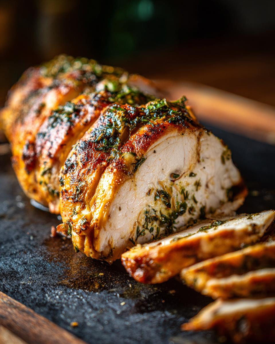 Close-up of sliced garlic butter baked chicken breast, showing juicy interior and herb seasoning.