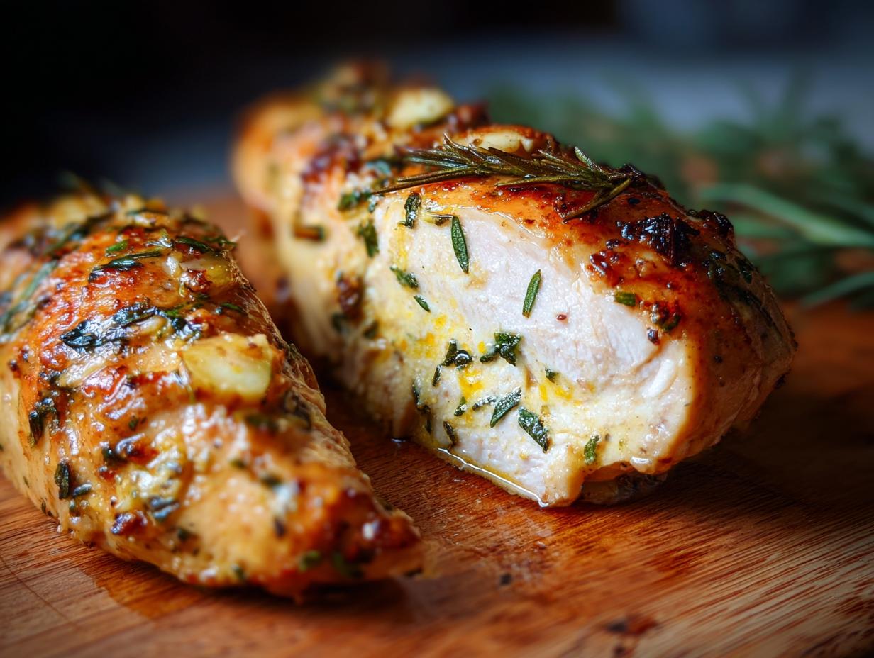 Close-up of two juicy garlic butter baked chicken breasts on a wooden cutting board, garnished with rosemary.