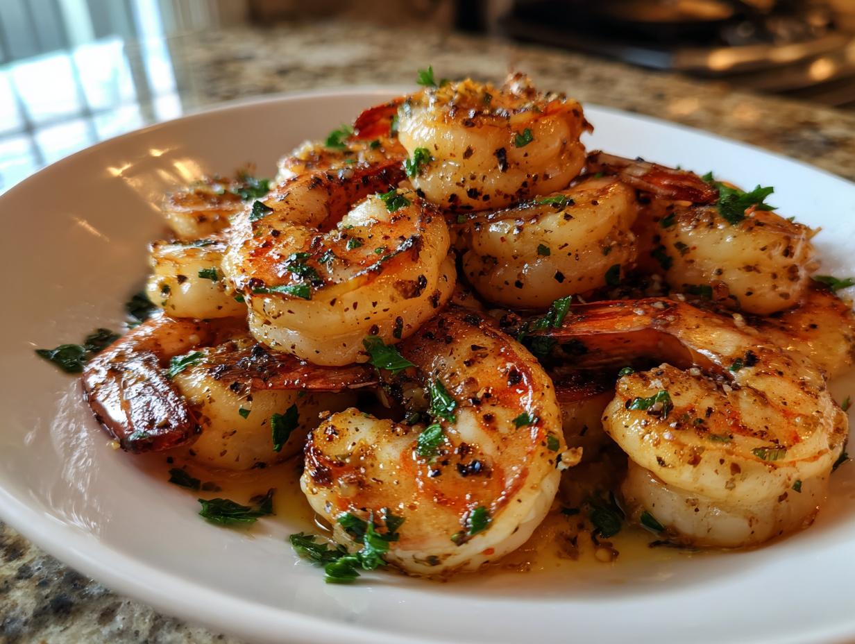 Close-up of a white bowl filled with juicy Garlic Butter Shrimp Skillet, garnished with fresh parsley.