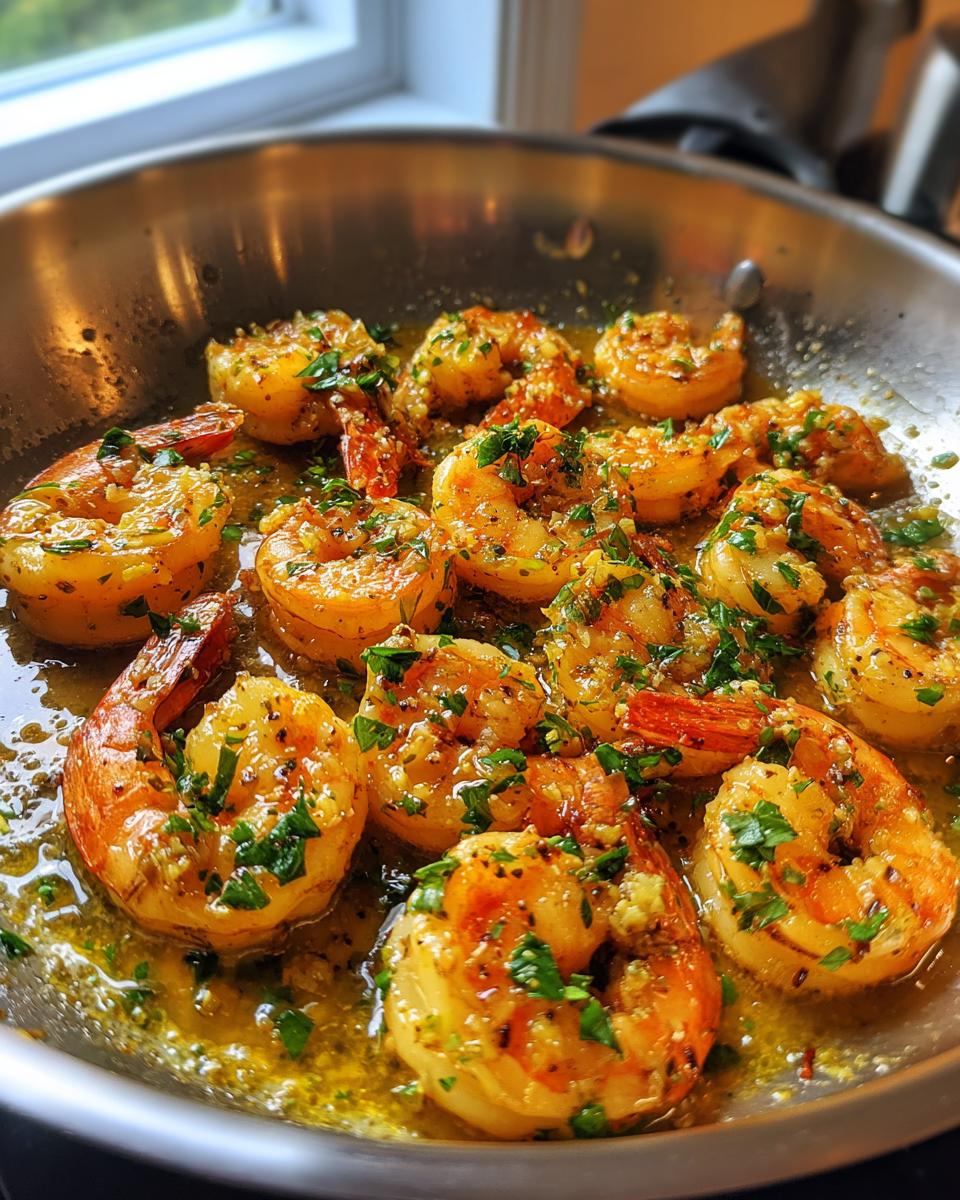 Close-up of juicy garlic butter shrimp skillet, garnished with fresh parsley and black pepper.