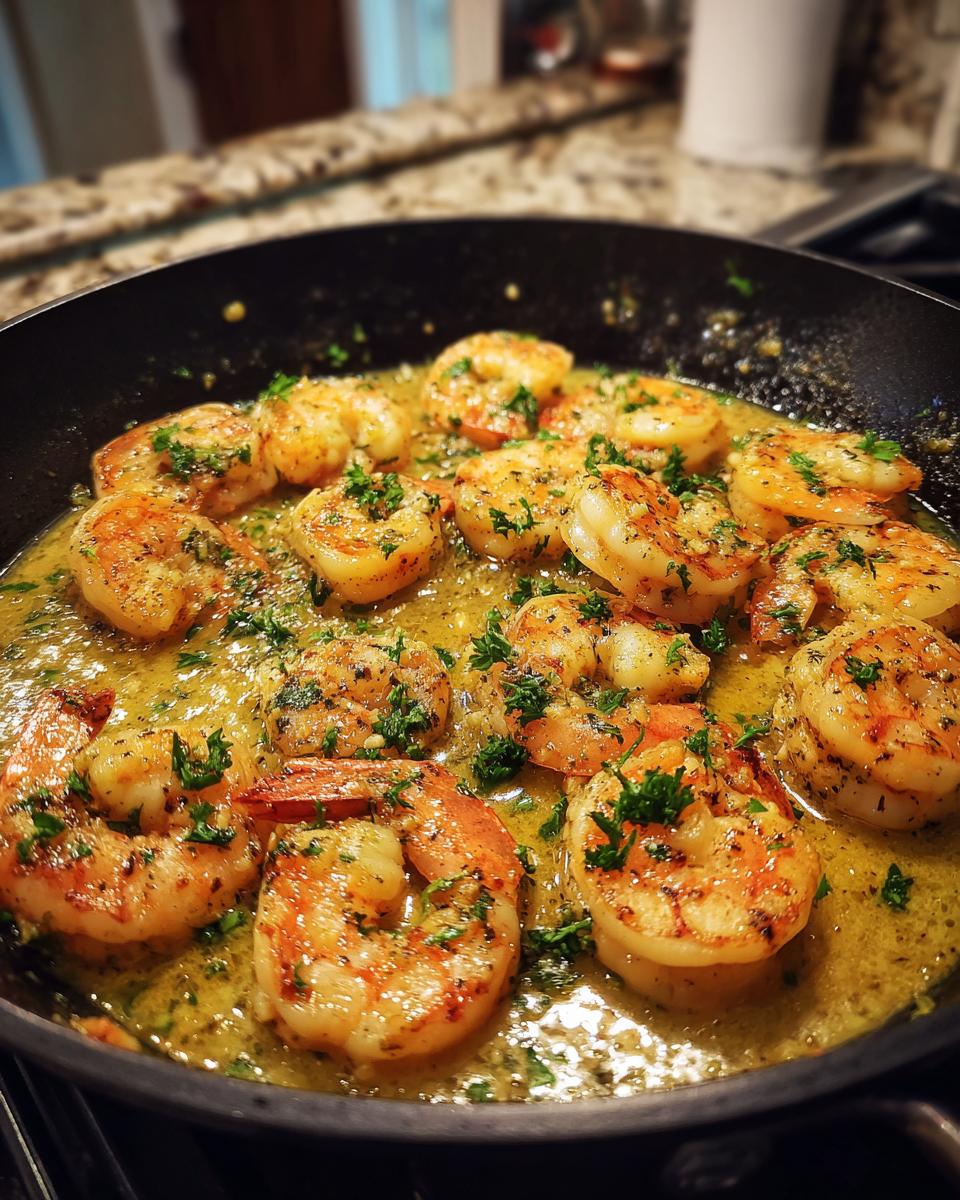 Close-up of succulent garlic butter shrimp skillet, garnished with fresh parsley.