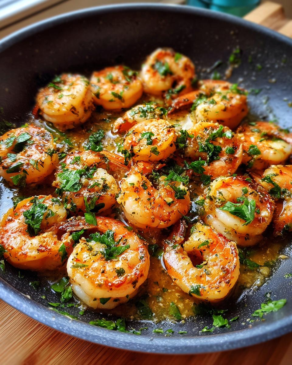 Close-up of juicy garlic butter shrimp skillet garnished with fresh parsley.