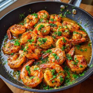 A close-up of a skillet filled with juicy garlic butter shrimp, garnished with fresh parsley.