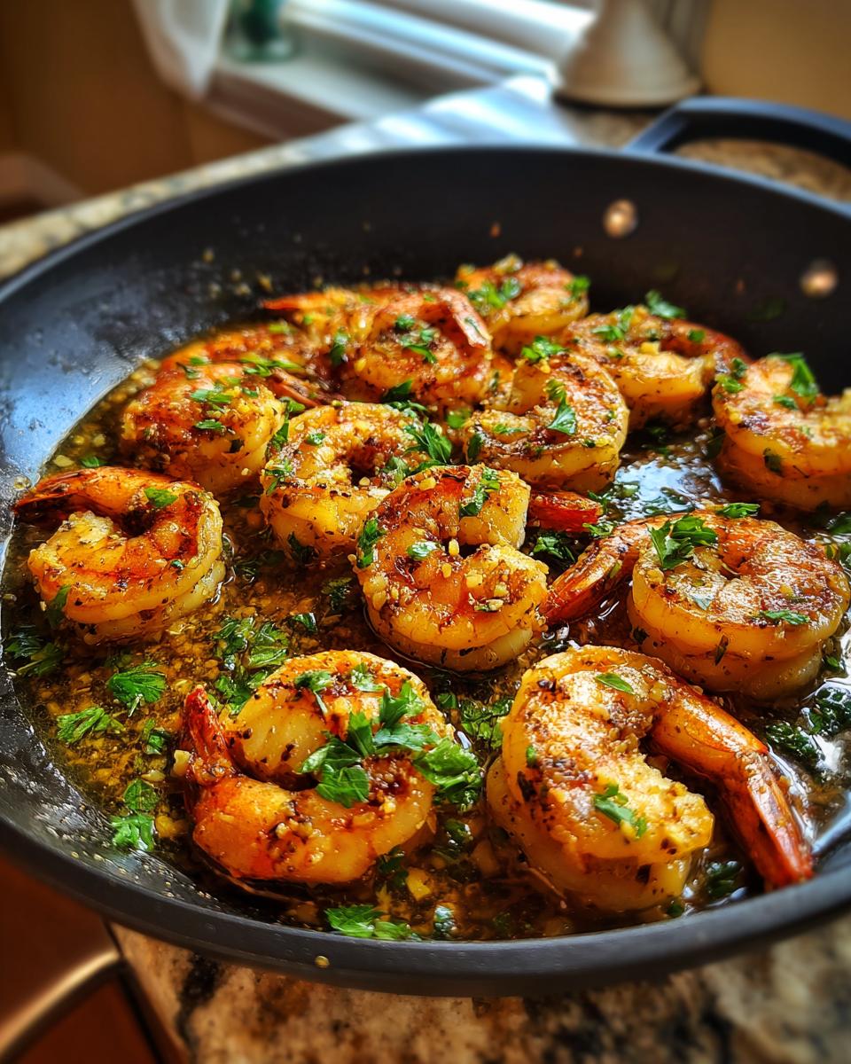 Close-up of succulent shrimp cooked in a garlic butter sauce in a skillet, garnished with fresh parsley.
